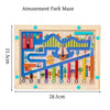 A wooden puzzle board maze featuring colorful magnetic pieces for toddlers to sort and navigate.