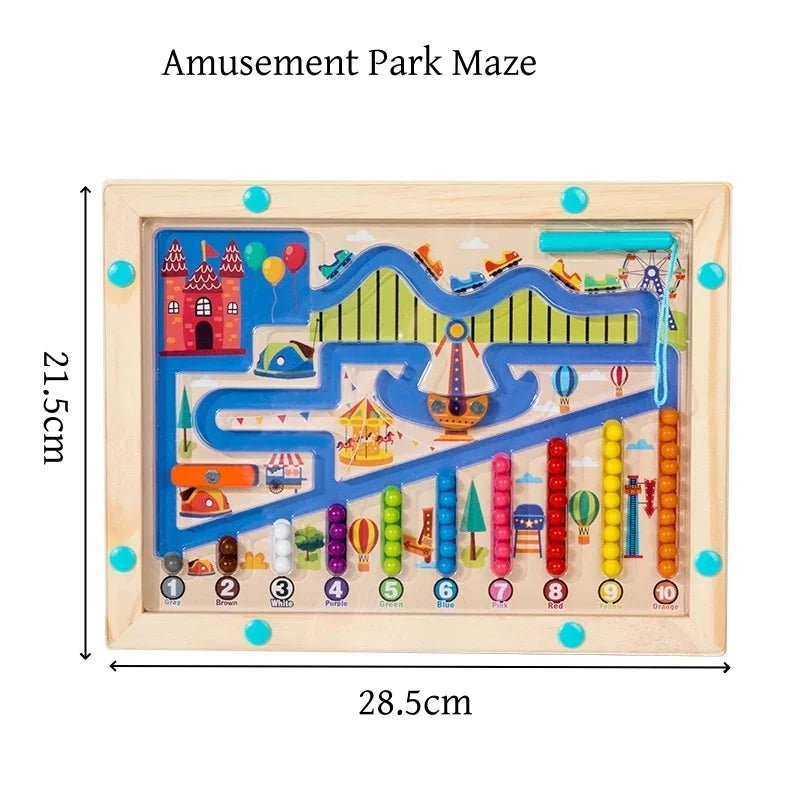 A wooden puzzle board maze featuring colorful magnetic pieces for toddlers to sort and navigate.