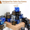 A collection of black and blue dice stacked on a wooden surface, designed for table top games.
