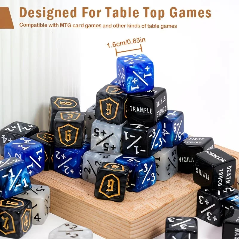 A collection of black and blue dice stacked on a wooden surface, designed for table top games.
