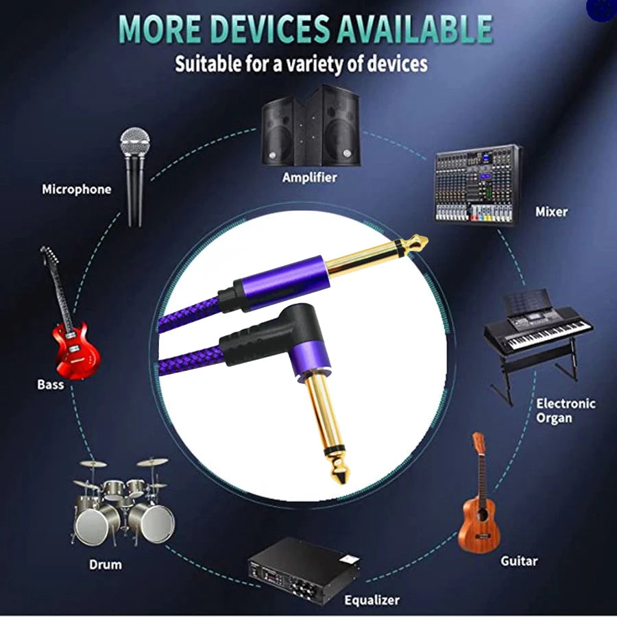 A collection of various instrument cables and audio devices including microphones, amplifiers, mixers, drums, guitars, and an