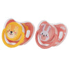 A pink and yellow silicone pacifier set featuring a lion and a rabbit design.