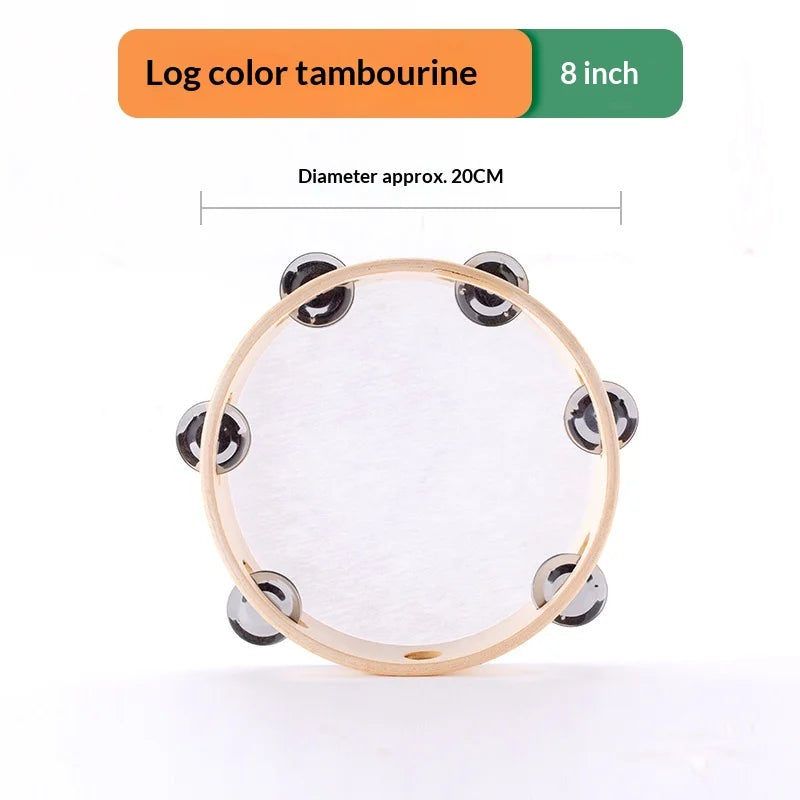 A round log color tambourine with a wooden rim and metal jingles, shown from above.