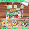 A wooden BBQ playset with various food items and tools for toddlers, including fruits, vegetables, and meats.