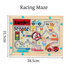 A wooden racing maze puzzle board with various colored magnetic pieces and figures for toddlers.