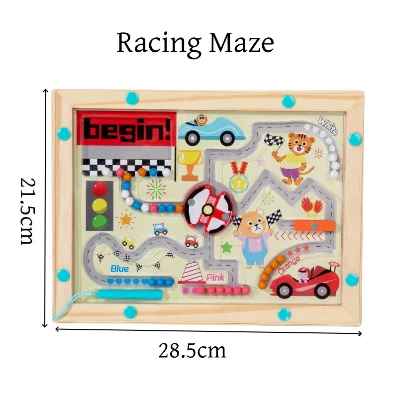 A wooden racing maze puzzle board with various colored magnetic pieces and figures for toddlers.