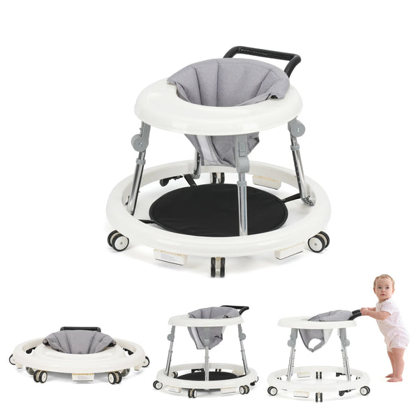 A white adjustable foldable baby walker with a gray seat and handles shown in various configurations.