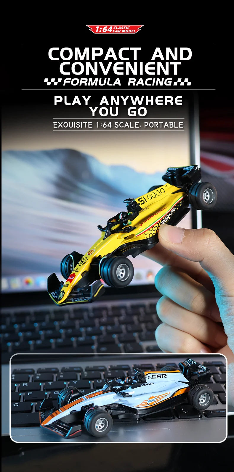 A yellow and black 1:64 scale formula racing car is held by a hand, with another model visible in the background.