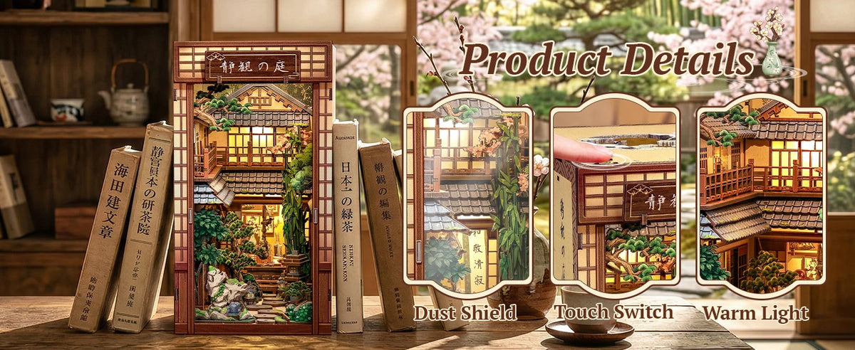 A set of wooden book nooks featuring traditional Japanese architecture and natural scenes with LED lighting and a touch switc