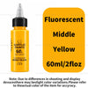 A bottle of fluorescent yellow acrylic paint labeled 60ml and yellow color swatch.