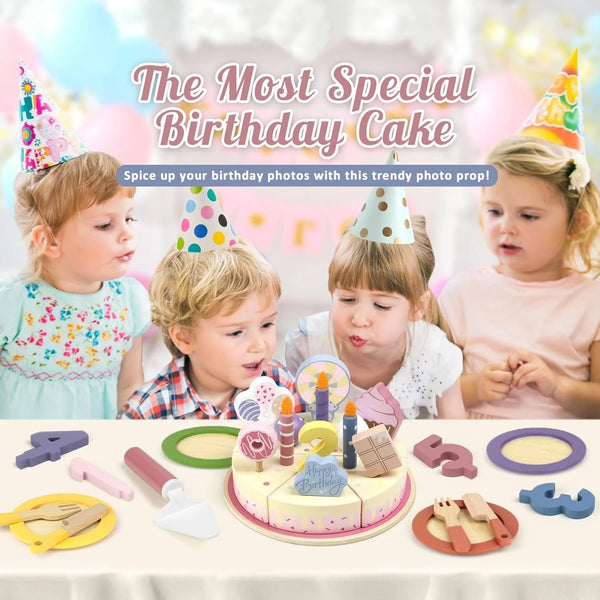 A wooden pretend play birthday cake set with various tools and decorations for children.