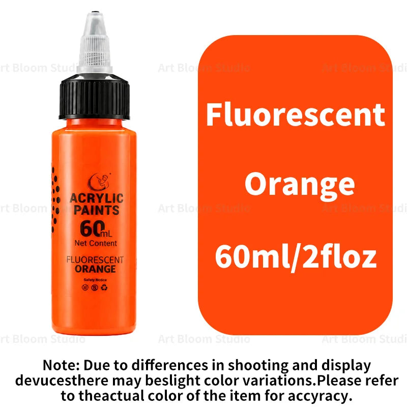 Orange fluorescent acrylic paint bottle with a label indicating 60ml net content and fluorescent orange color.