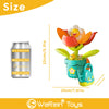 A green sunflower watering bath toy with a yellow flower and leaves is shown next to its size reference.