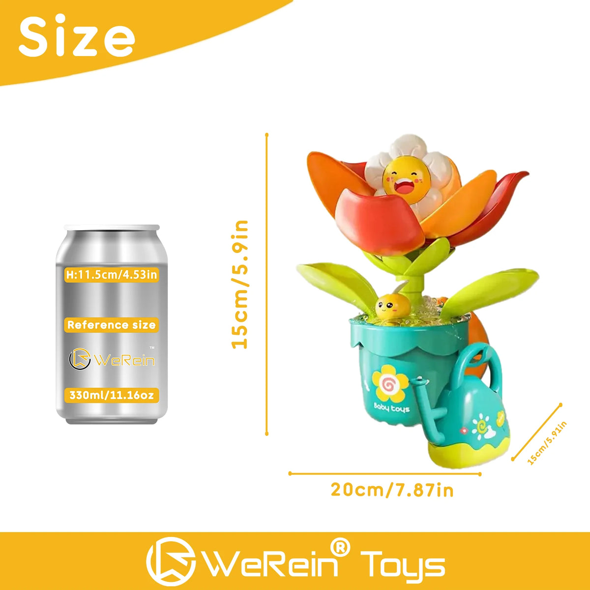 A green sunflower watering bath toy with a yellow flower and leaves is shown next to its size reference.