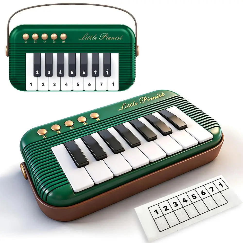 A green mini piano keyboard for kids with black and white keys and a white sheet music stand.
