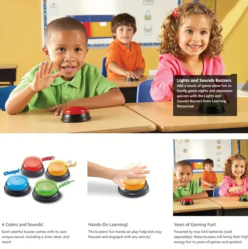 A set of four colorful answer buzzers for kids used in learning and family game nights.