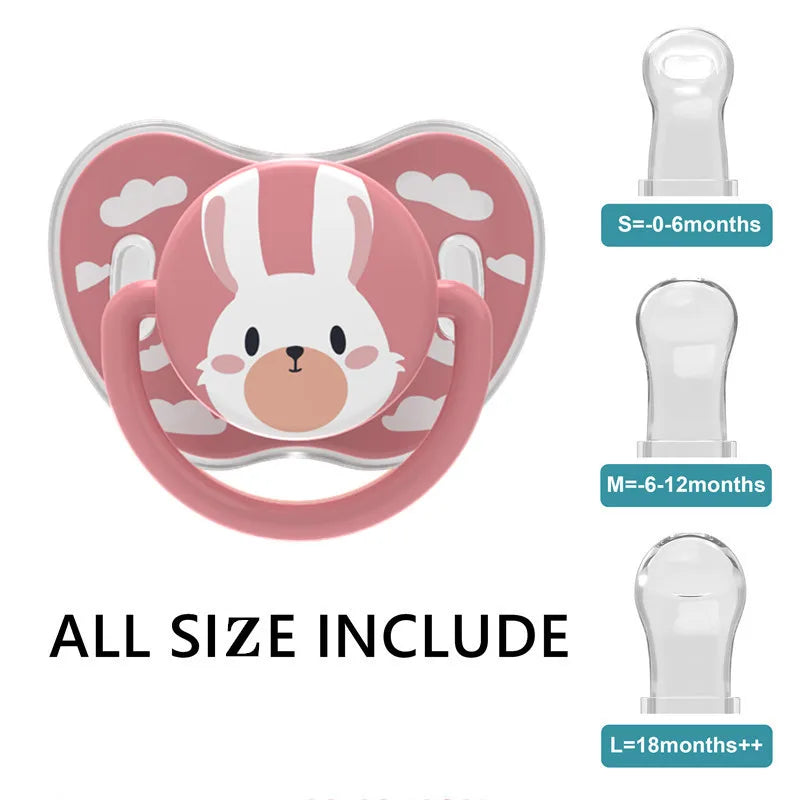 A set of six interchangeable silicone pacifier teats in various sizes for babies, including options for 0-6 months, 6-12 mont