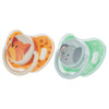 A set of two silicone pacifiers featuring orange and green designs for babies.