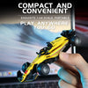 A yellow and black 1:64 scale RC drift car is held by a hand, highlighting its compact and convenient design.