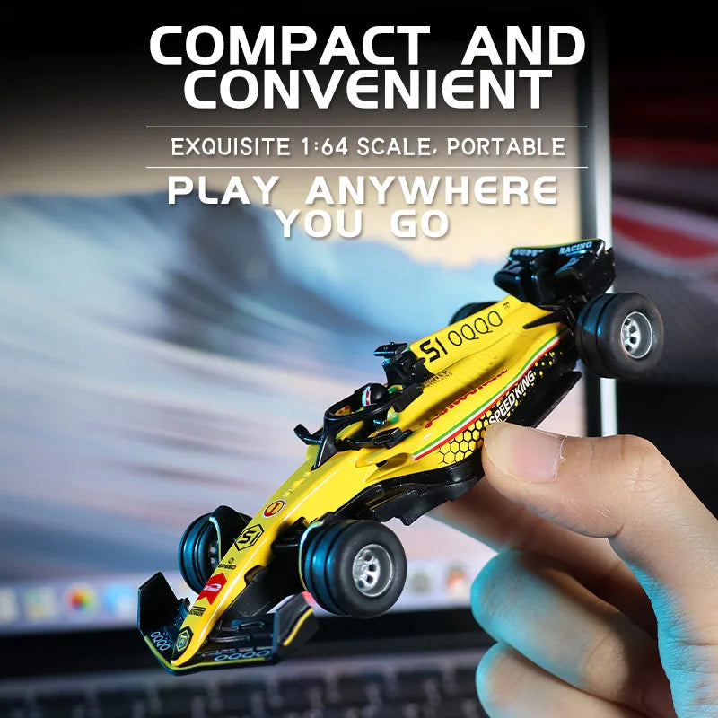 A yellow and black 1:64 scale RC drift car is held by a hand, highlighting its compact and convenient design.