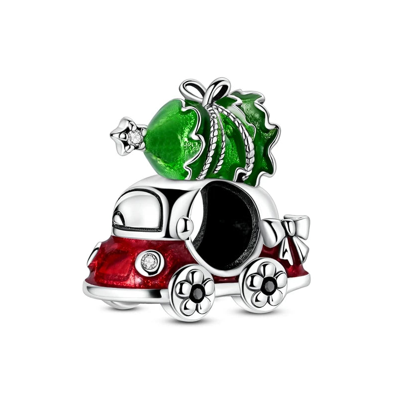 Sterling silver charm bead pendant featuring a green Christmas tree, red car, and keys.