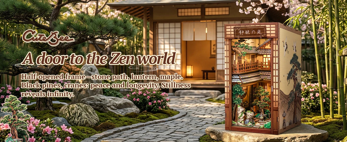 A wooden book nook kit featuring a half-opened stone path, lantern, and natural elements like maple and pines.