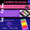 Instructions for using neon acrylic paint to achieve a glow effect, showing shaking, layering, and UV light charging.