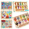 A wooden Montessori magnetic color sorting maze puzzle board with numbered shapes and various colored pieces.