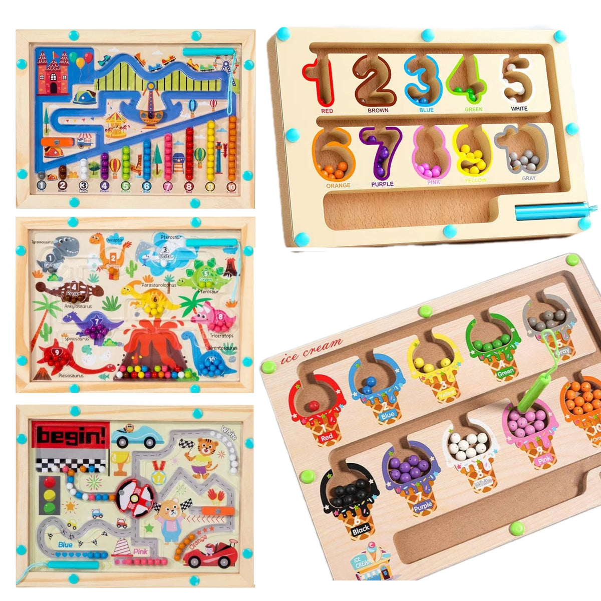 A wooden Montessori magnetic color sorting maze puzzle board with numbered shapes and various colored pieces.