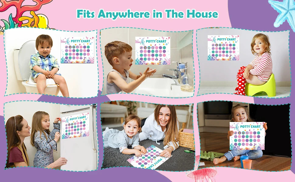A collection of photos showing a potty training reward sticker chart used by toddlers in various household settings.
