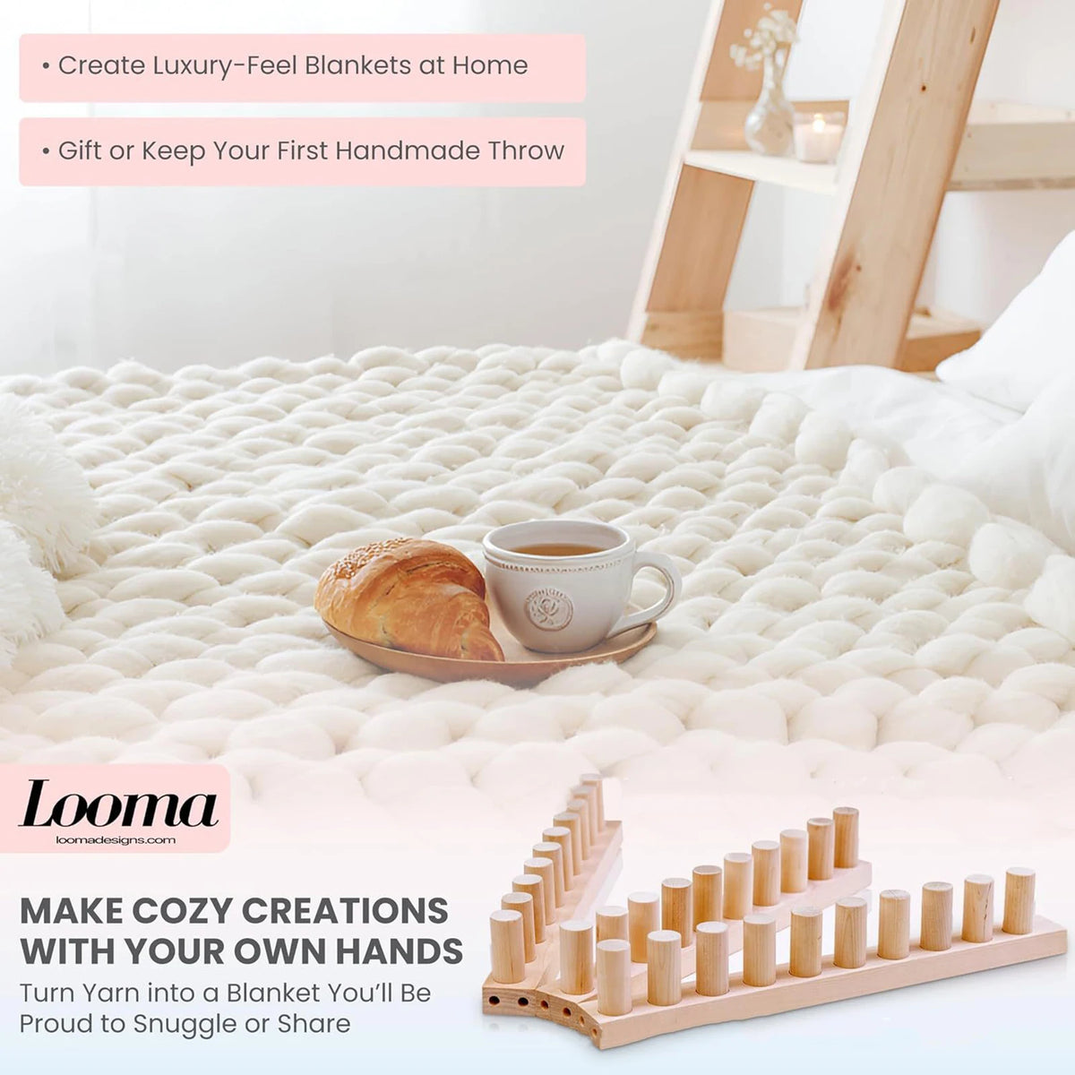 A wooden knitting loom is shown next to a fluffy white blanket, illustrating how to make cozy handmade throws.