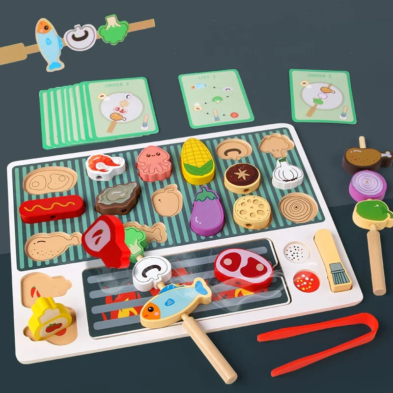 A wooden BBQ playset for kids featuring a grill and food items used for pretend play.