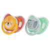 A baby pacifier set featuring two silicone teats, one shaped like a lion and the other like an elephant.