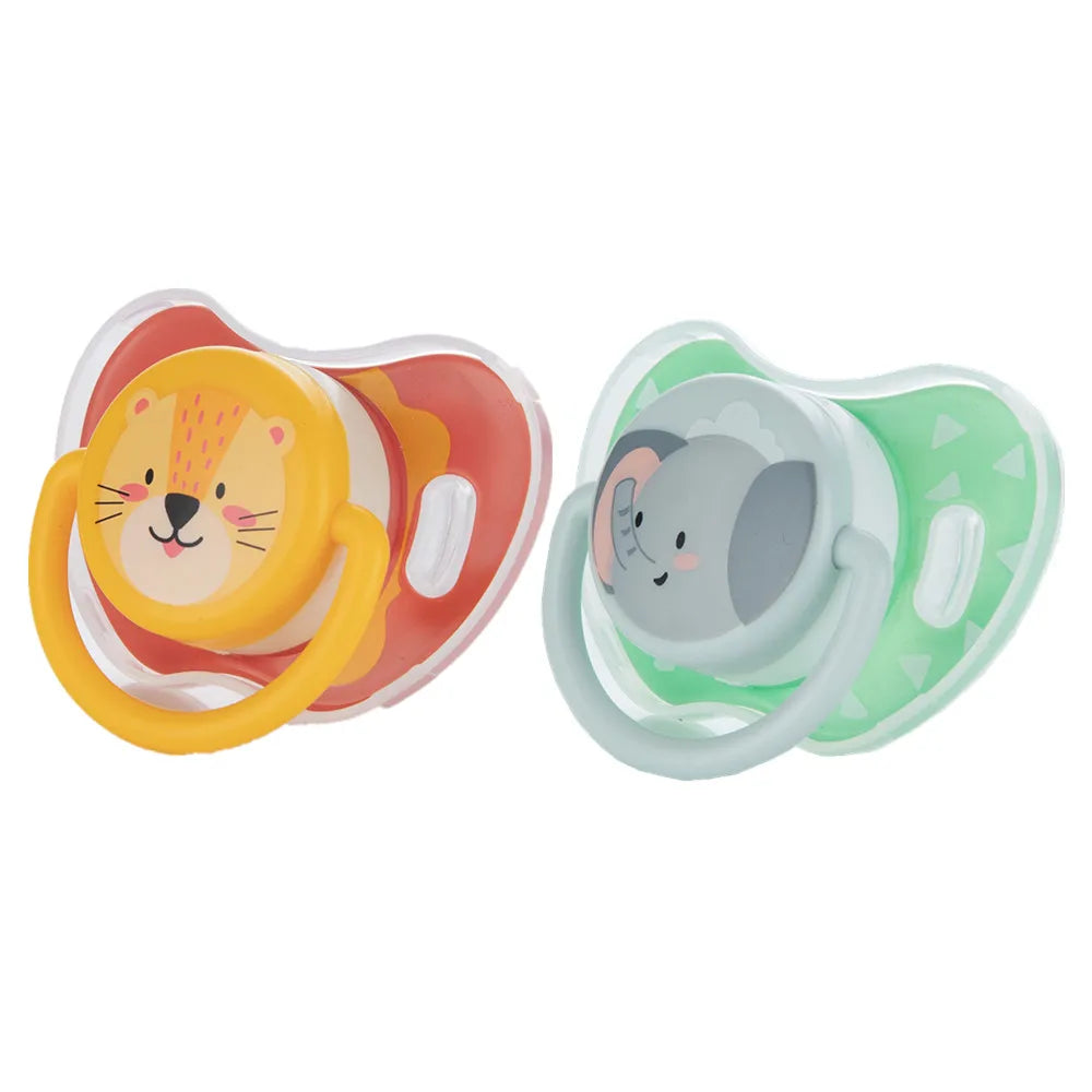 A baby pacifier set featuring two silicone teats, one shaped like a lion and the other like an elephant.
