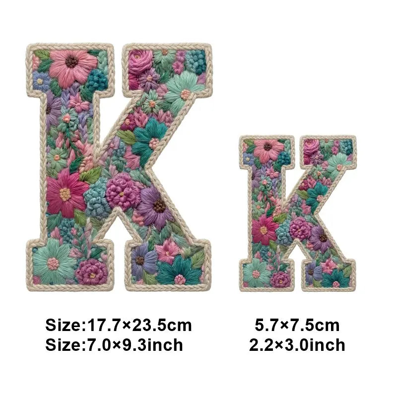 Floral letter K and KK iron-on patches for DIY clothing and accessories