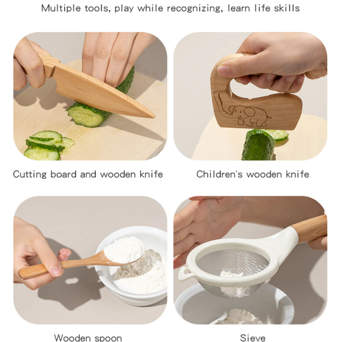 Wooden Kids Safe Knife Set with Baking Tools for Little Chefs