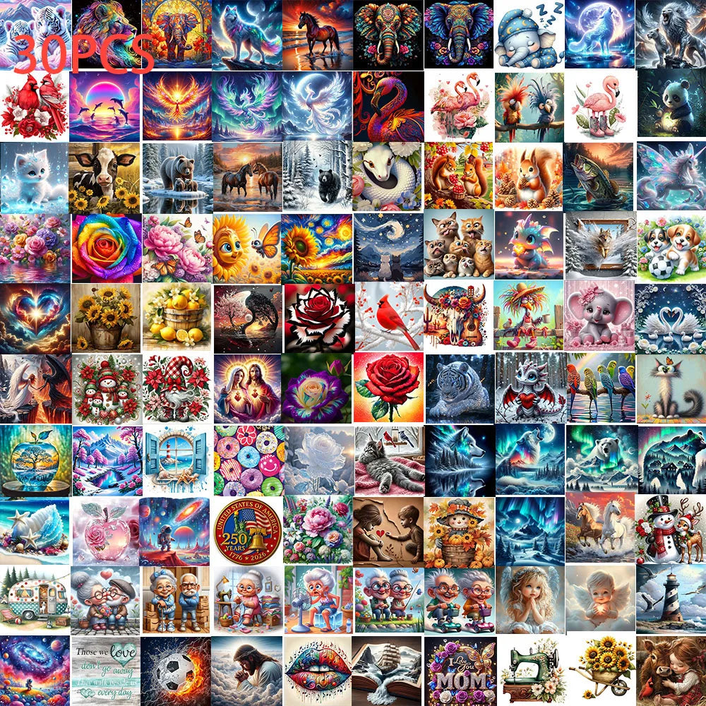 A collection of 30 pieces of diamond painting designs featuring various animals and nature themes.