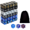A set of 63 dice including standard polyhedral dice and custom dice for board games and RPGs