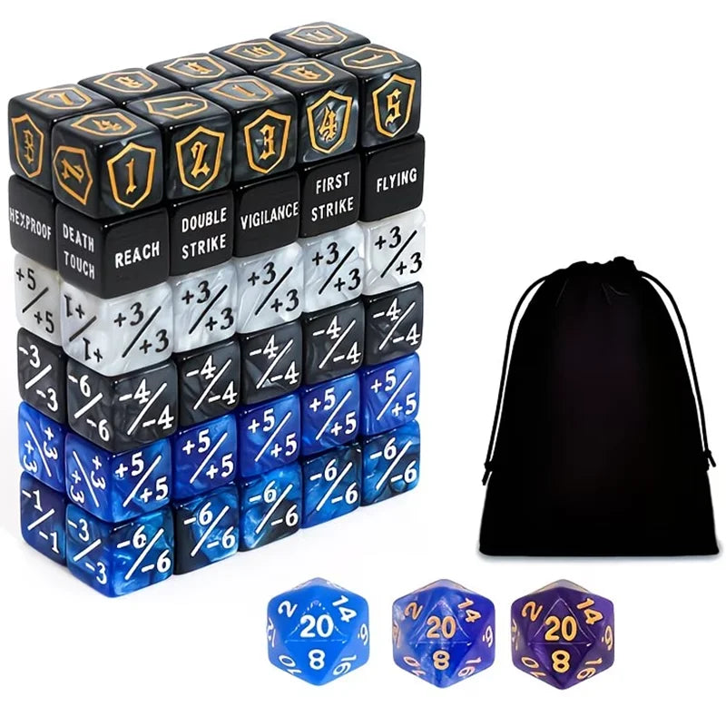 A set of 63 dice including standard polyhedral dice and custom dice for board games and RPGs