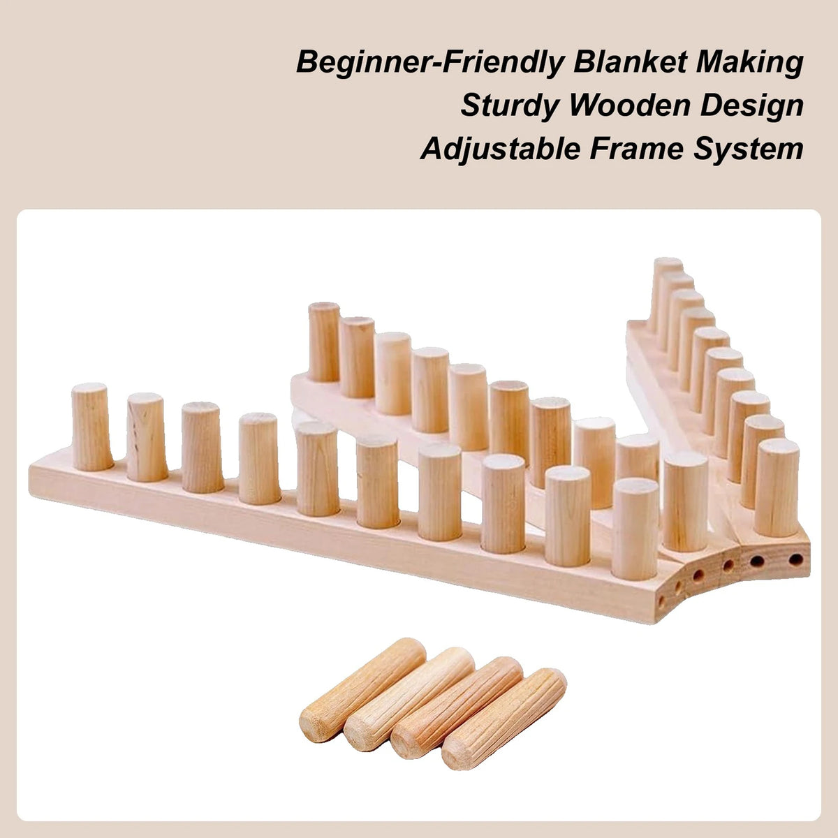A wooden knitting loom with adjustable frame system and wooden knitting needles.