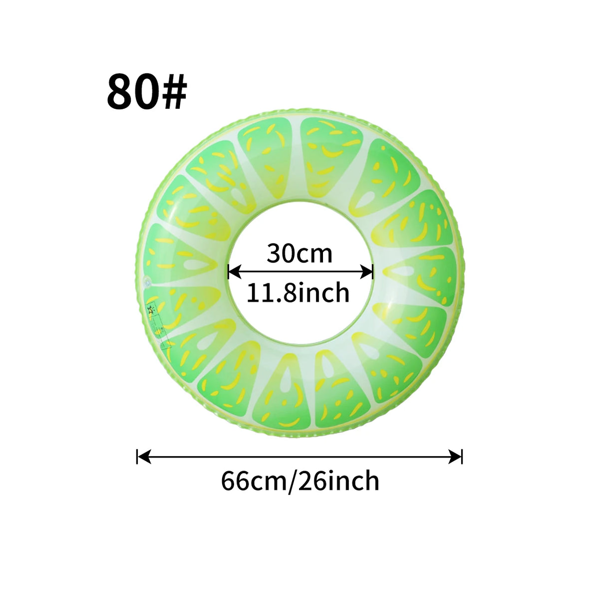 A green inflatable pool float ring with a fruit pattern, measuring 30cm (11.8inch) in diameter.