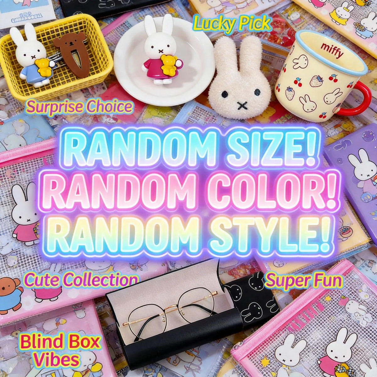 A collection of cute Miffy rabbit themed items including a magnetic storage bag, a ceramic cup, and various accessories.