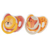 A set of six interchangeable silicone pacifier teats shaped like a lion face in orange and yellow.