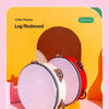 A pink and red hand-held tambourine with metal jingles displayed against a yellow background.