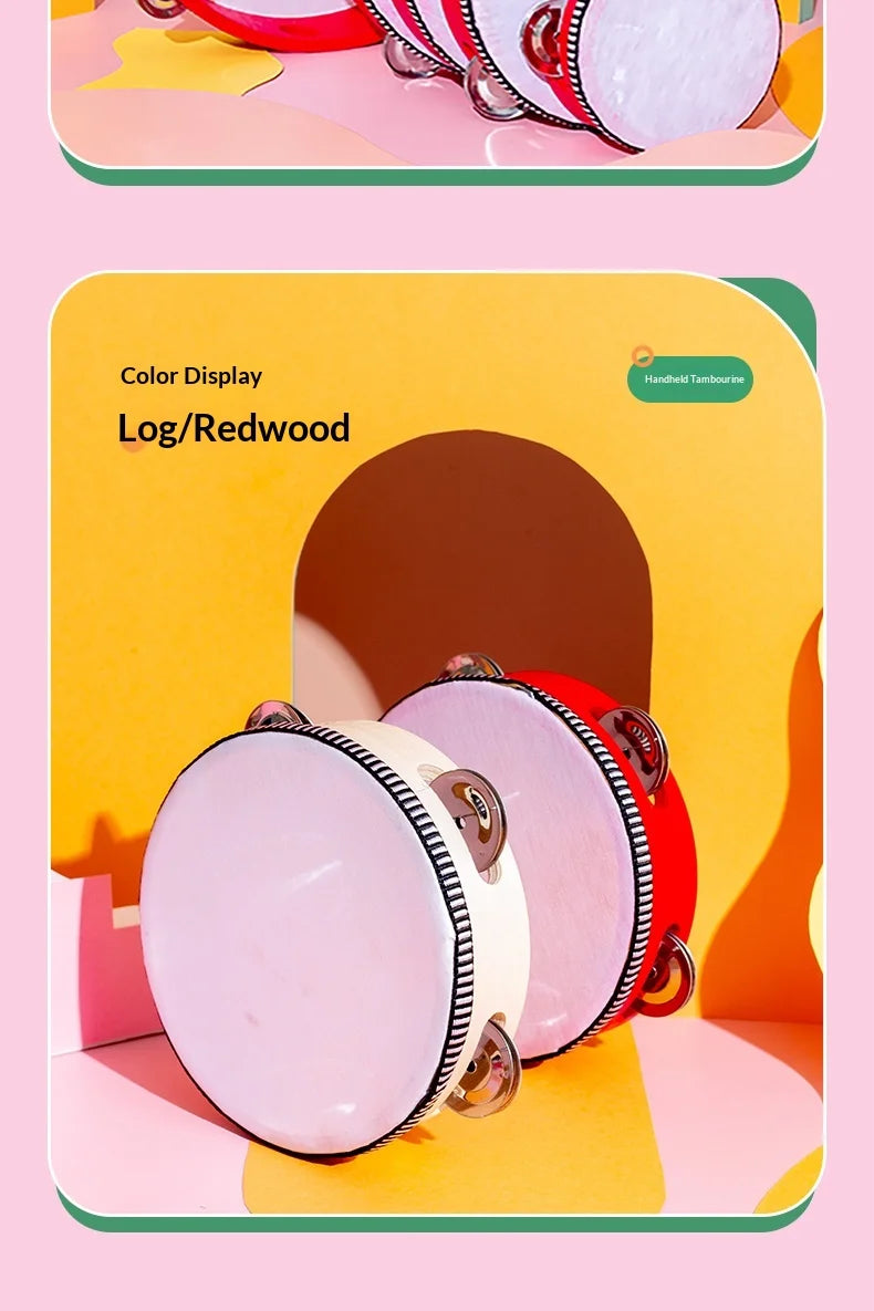 A pink and red hand-held tambourine with metal jingles displayed against a yellow background.