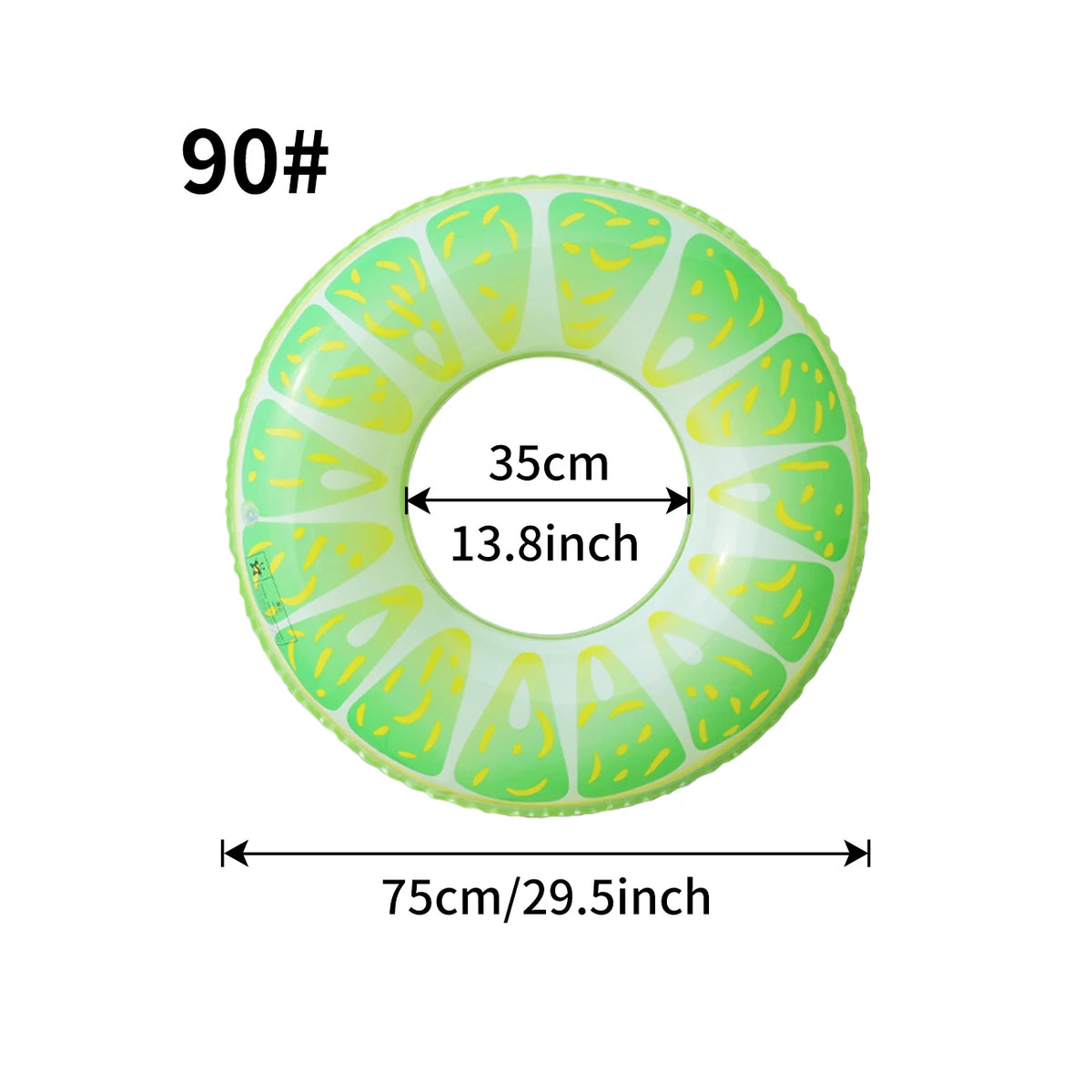 A green inflatable pool float ring with a fruit pattern, measuring 35cm (13.8inch) in diameter.