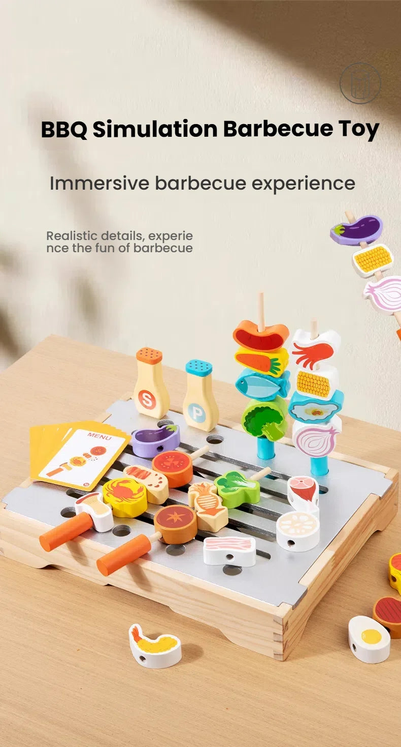 A wooden BBQ simulation toy set featuring various food items and grilling tools for immersive barbecue play.
