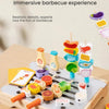 A wooden BBQ simulation toy featuring various food items and grilling tools for immersive pretend play.