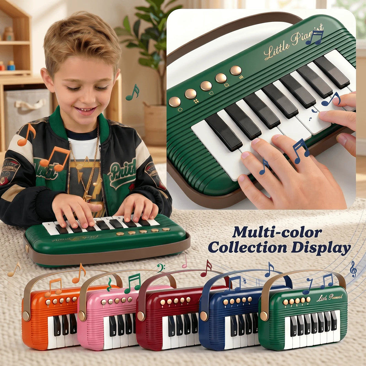A multi-color collection display of mini piano keyboards for kids, showing various colors and sizes.