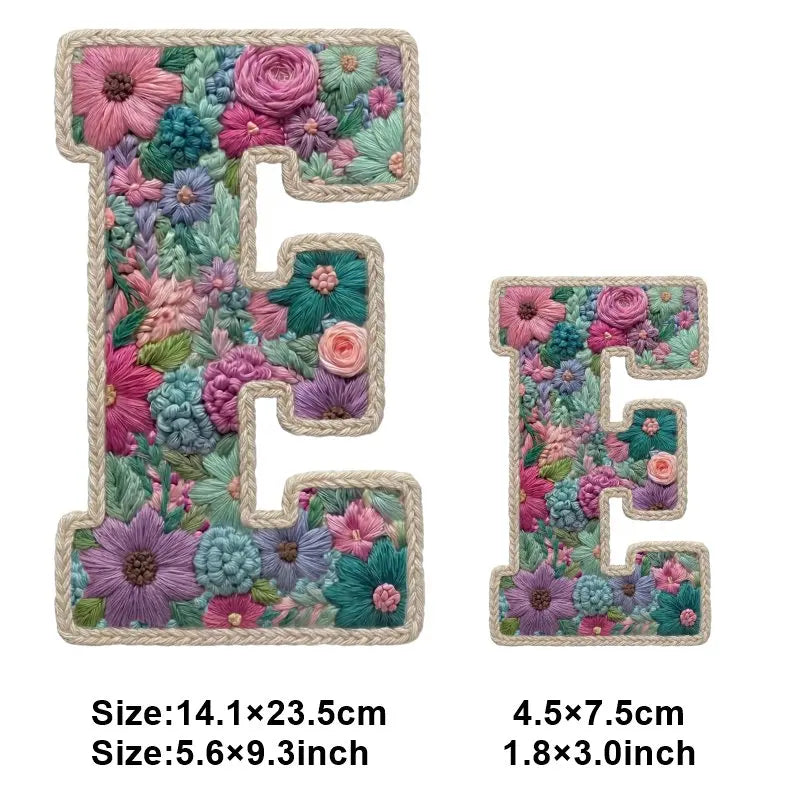 Floral letter E patch made of fabric for DIY clothing and accessories